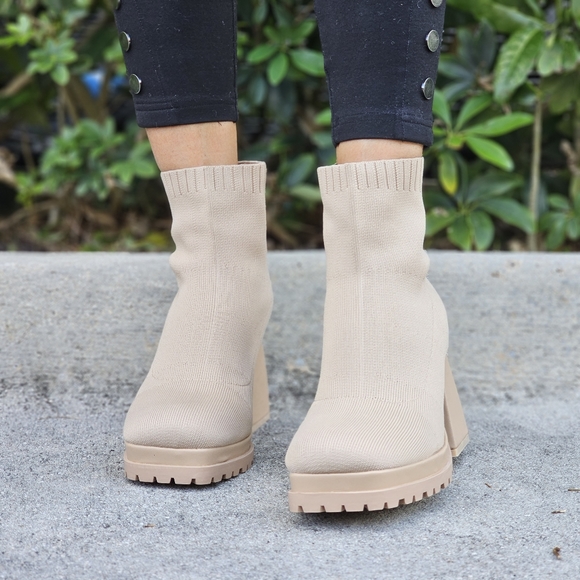Women's Chunky Block Heel Sock Boots Nude Color - Picture 5 of 6
